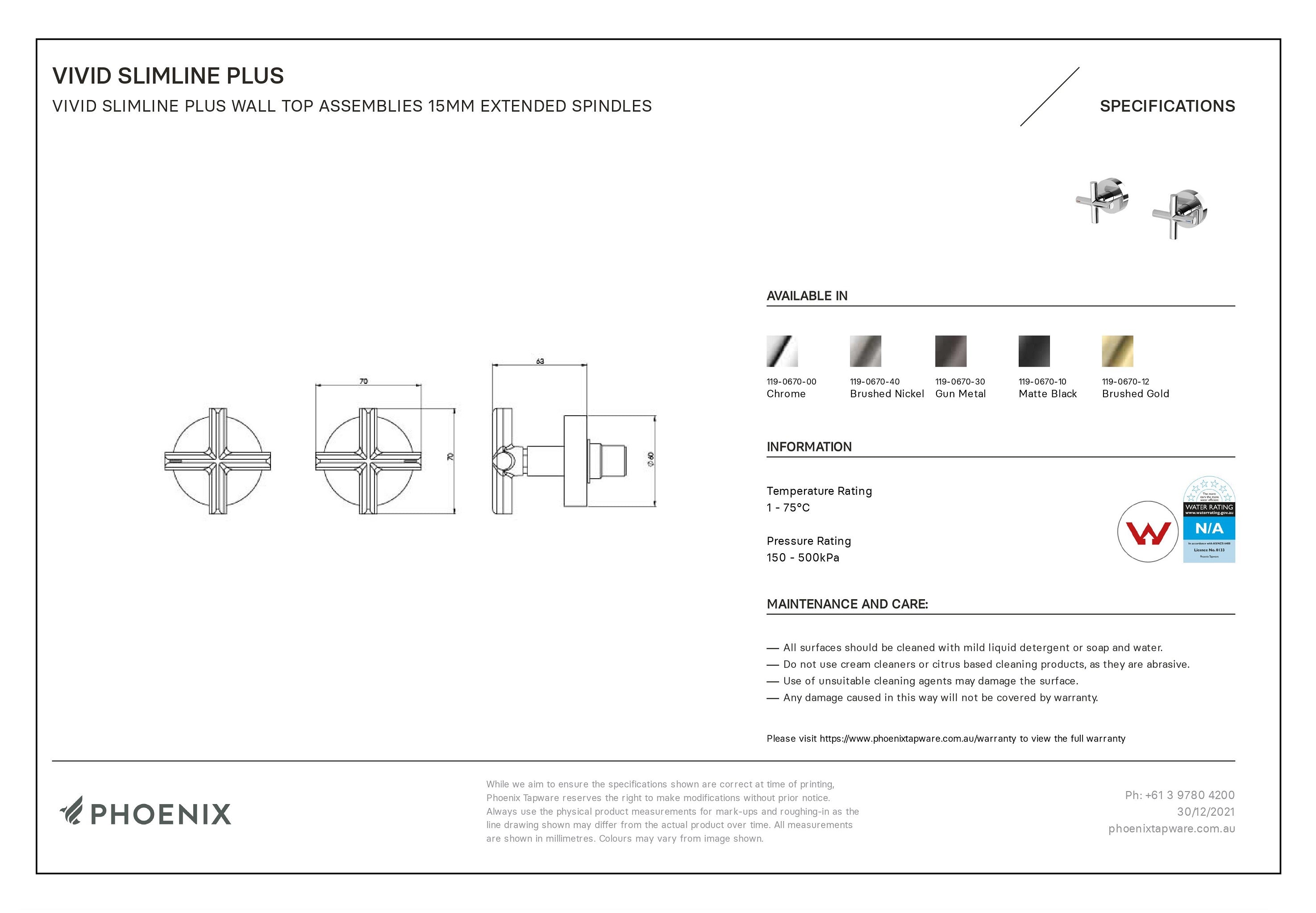 PHOENIX VIVID SLIMLINE LEAD FREE PLUS WALL TOP ASSEMBLIES EXTENDED SPINDLES BRUSHED NICKEL