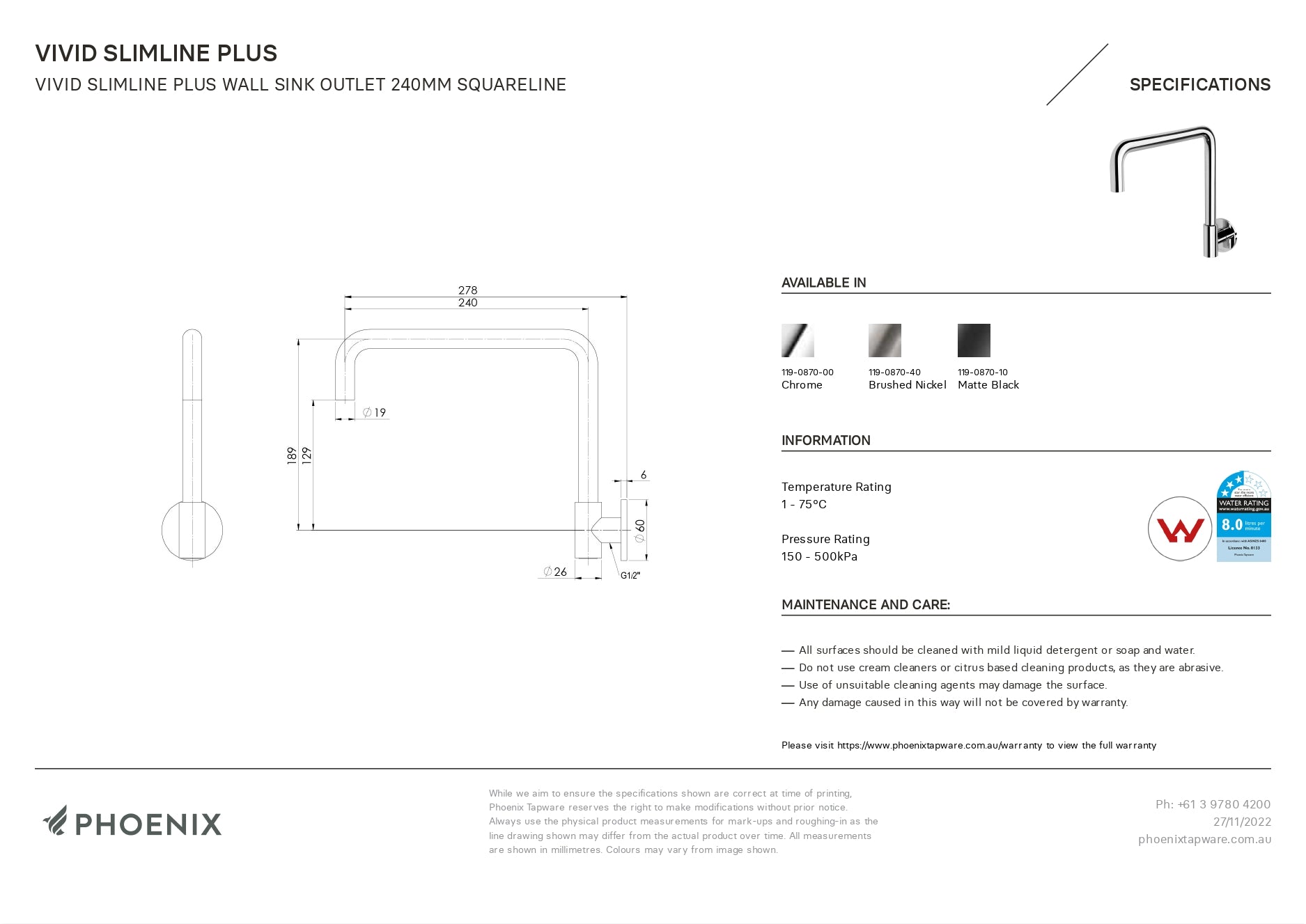 PHOENIX VIVID SLIMLINE PLUS WALL SINK OUTLET 240MM SQUARELINE BRUSHED NICKEL