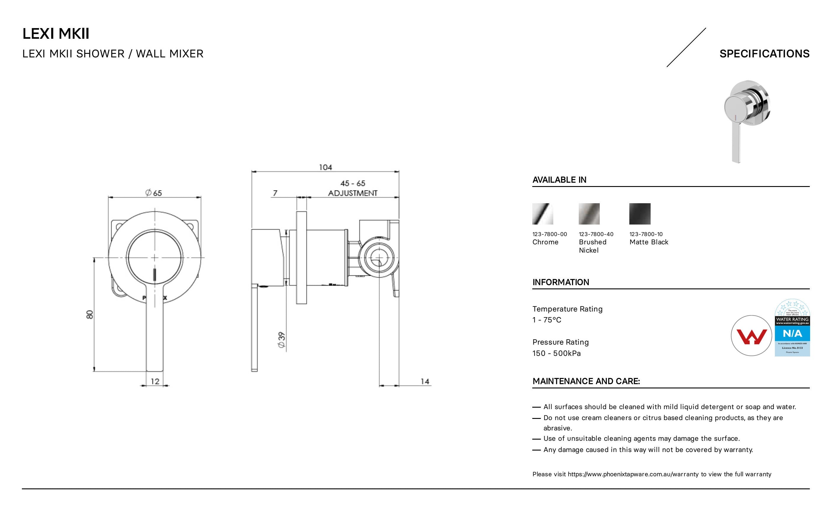 PHOENIX LEXI MKII SHOWER WALL MIXER MATTE BLACK