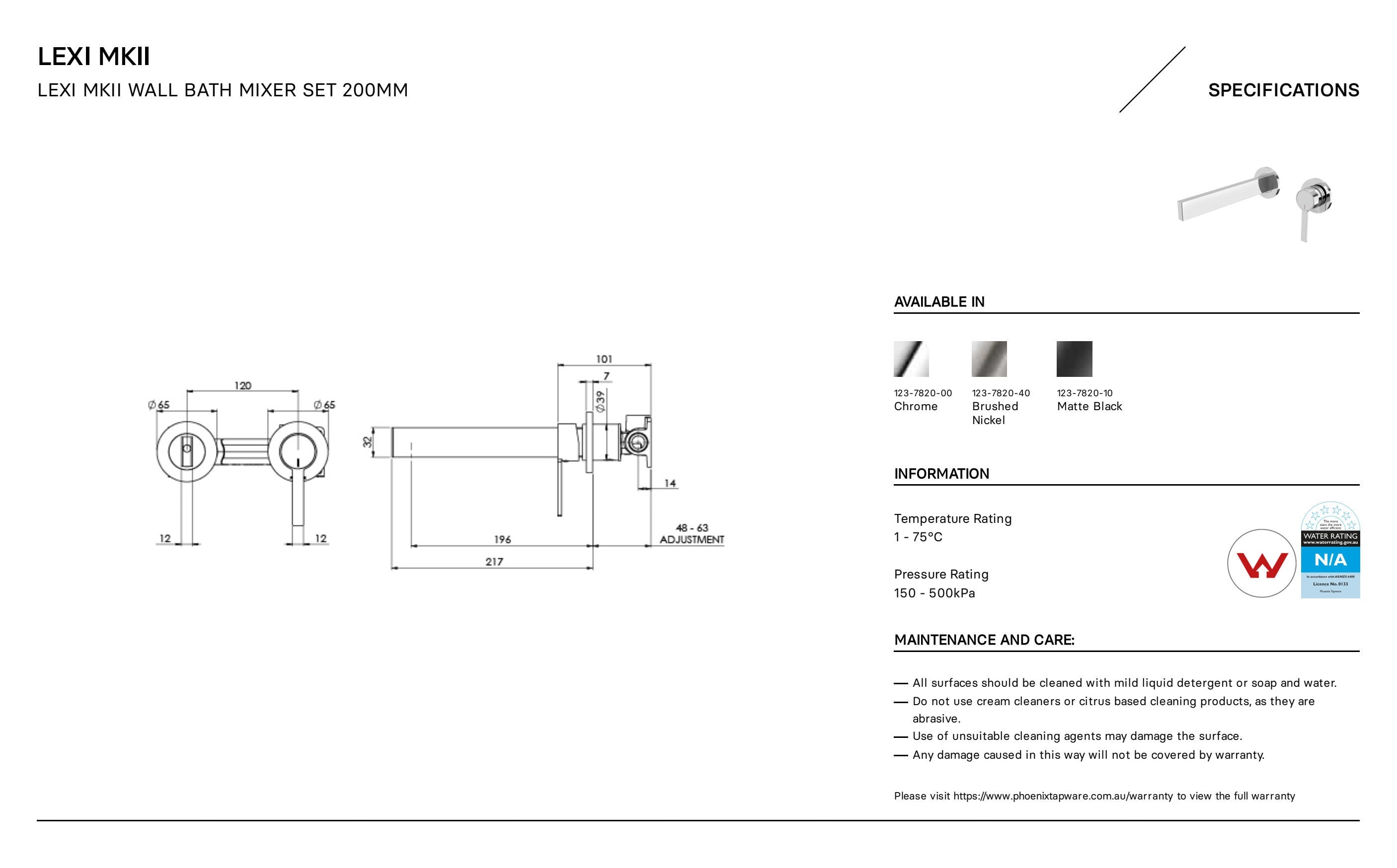 PHOENIX LEXI MKII WALL BATH MIXER SET BRUSHED NICKEL 200MM