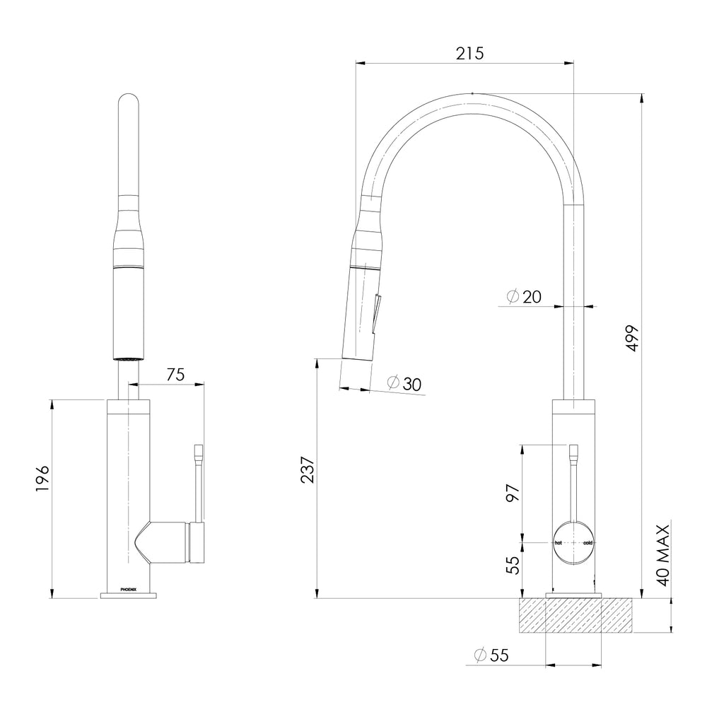 PHOENIX DEJA LEAD FREE PULL OUT SINK MIXER 499MM MATTE BLACK