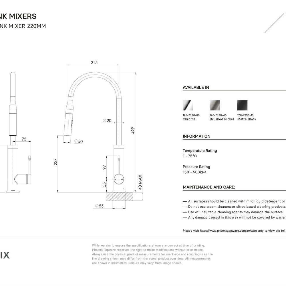 PHOENIX DEJA LEAD FREE PULL OUT SINK MIXER 499MM BRUSHED NICKEL