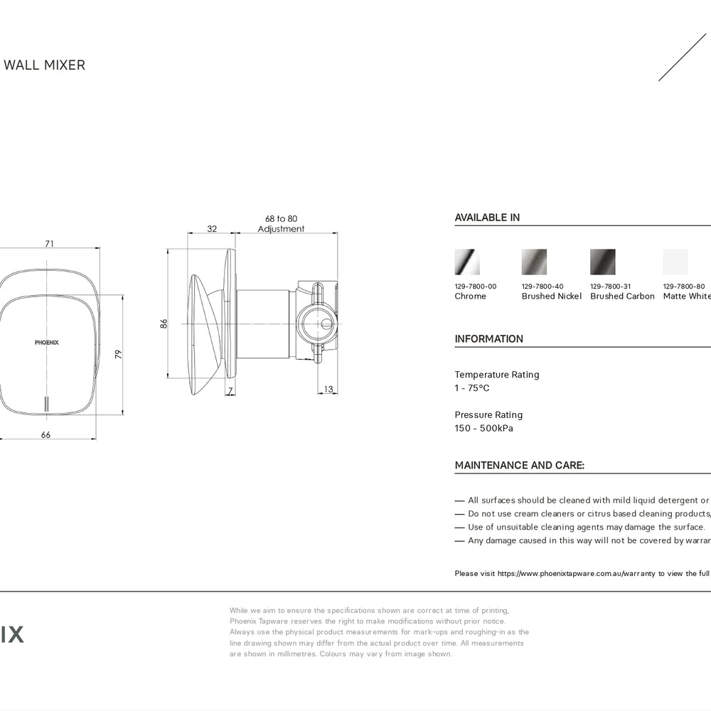 PHOENIX NUAGE LEAD FREE SHOWER WALL MIXER CHROME