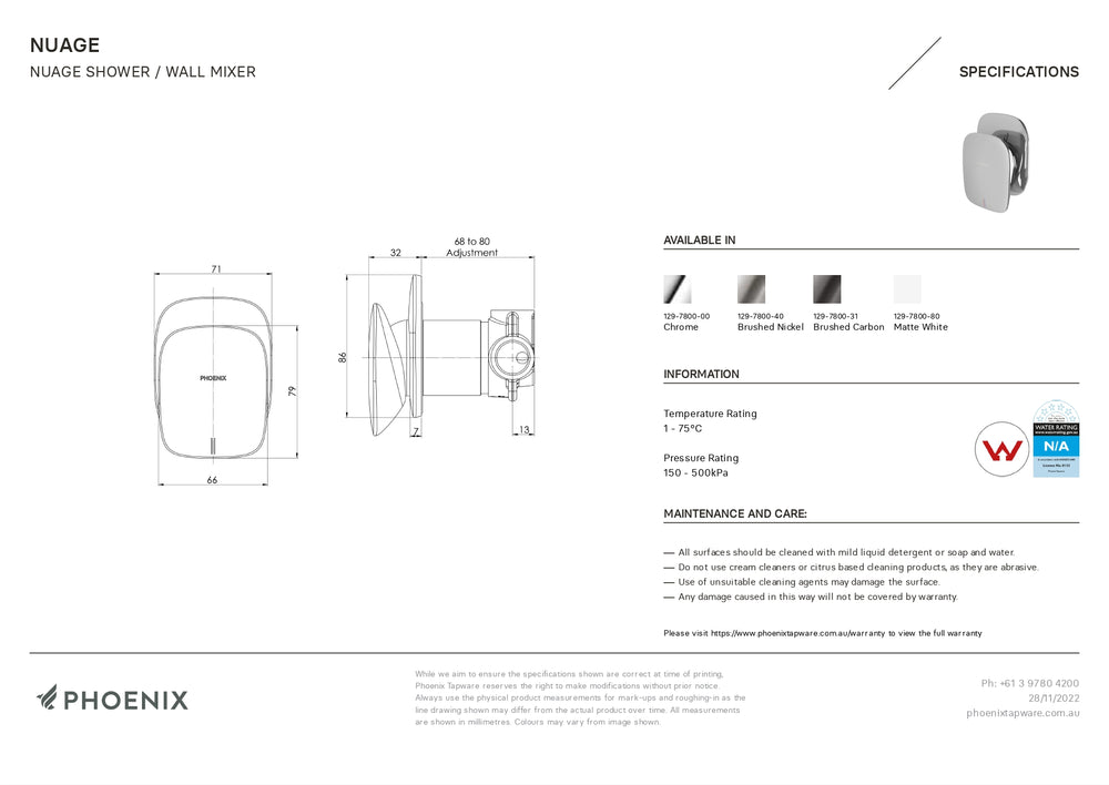 PHOENIX NUAGE SHOWER WALL MIXER CHROME