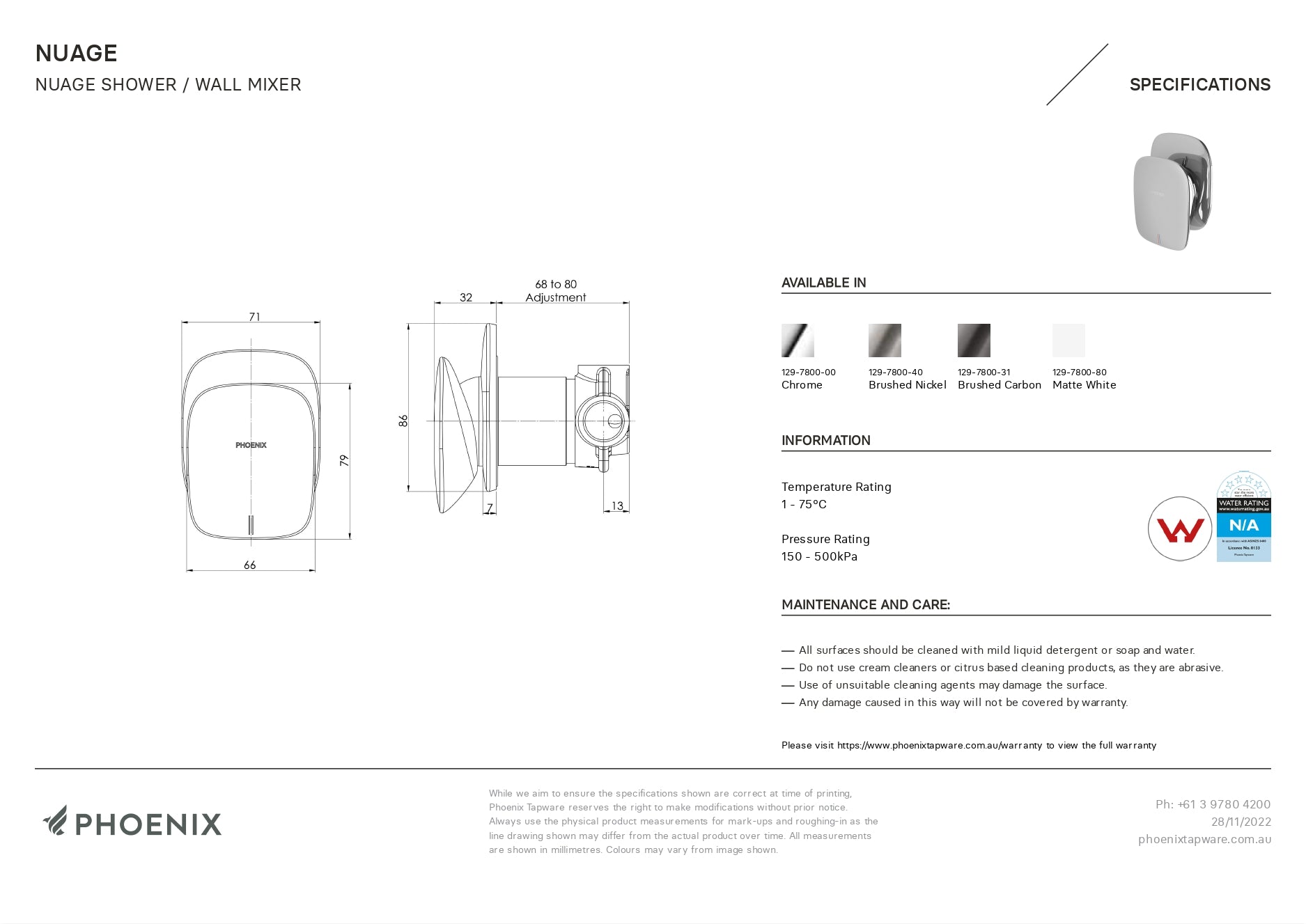 PHOENIX NUAGE SHOWER WALL MIXER CHROME