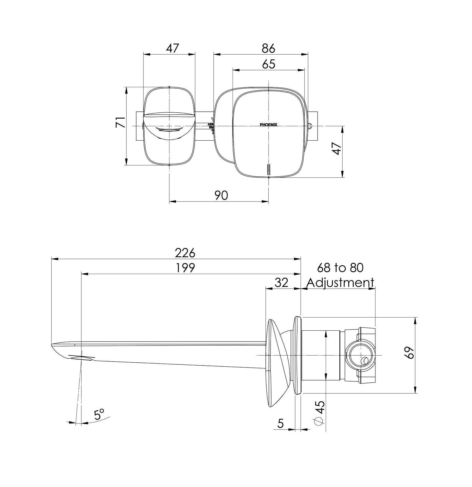 PHOENIX NUAGE WALL BASIN BATH MIXER SET BRUSHED CARBON 200MM