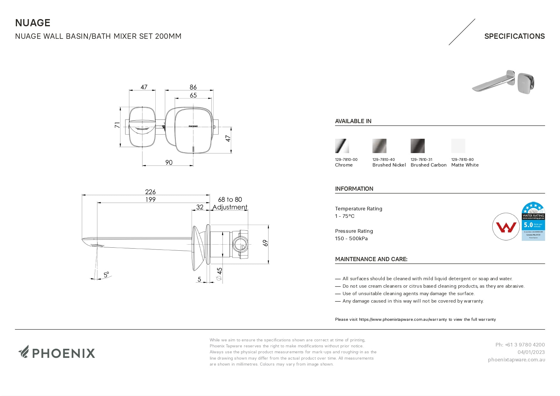 PHOENIX NUAGE WALL BASIN BATH MIXER SET 200MM BRUSHED NICKEL
