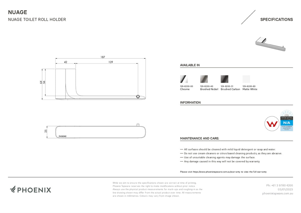 PHOENIX NUAGE TOILET ROLL HOLDER MATTE WHITE 187MM