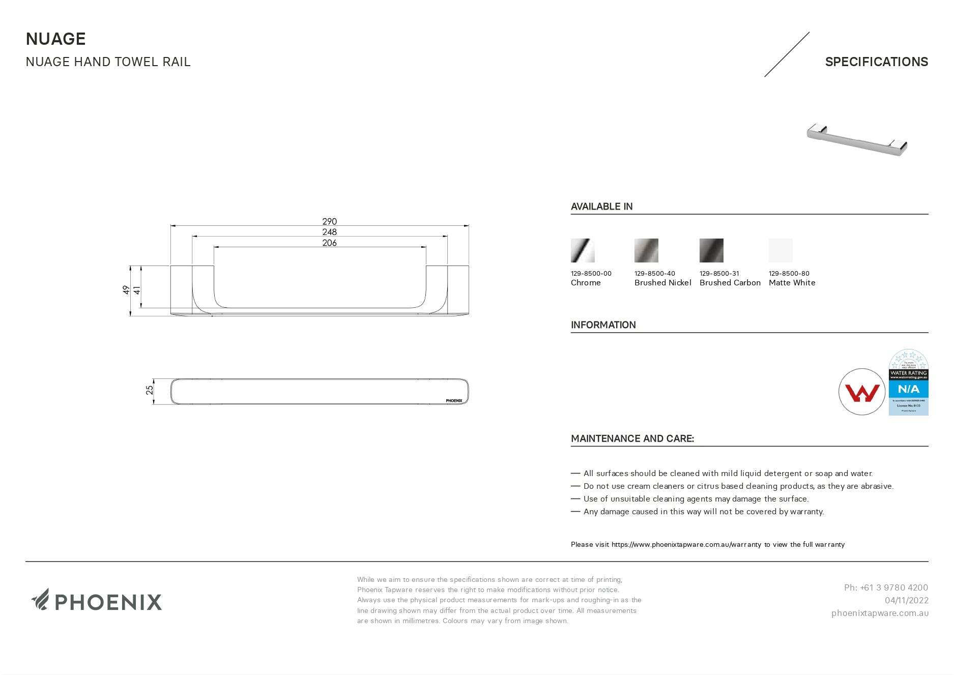 PHOENIX NUAGE NON-HEATED HAND TOWEL RAIL CHROME 290MM