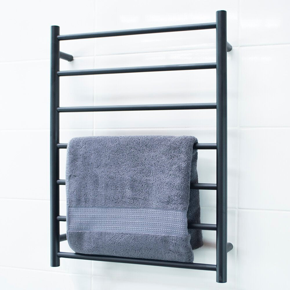 RADIANT HEATING 7-BARS ROUND HEATED TOWEL RAIL LOW VOLTAGE MATTE BLACK 600MM