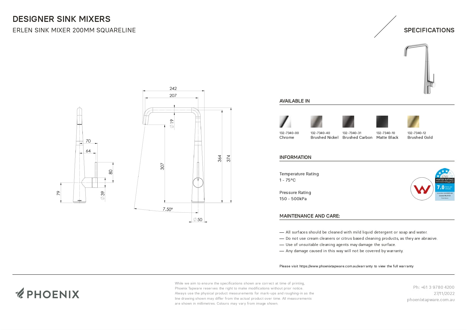 PHOENIX ERLEN SINK MIXER 200MM SQUARELINE MATTE BLACK