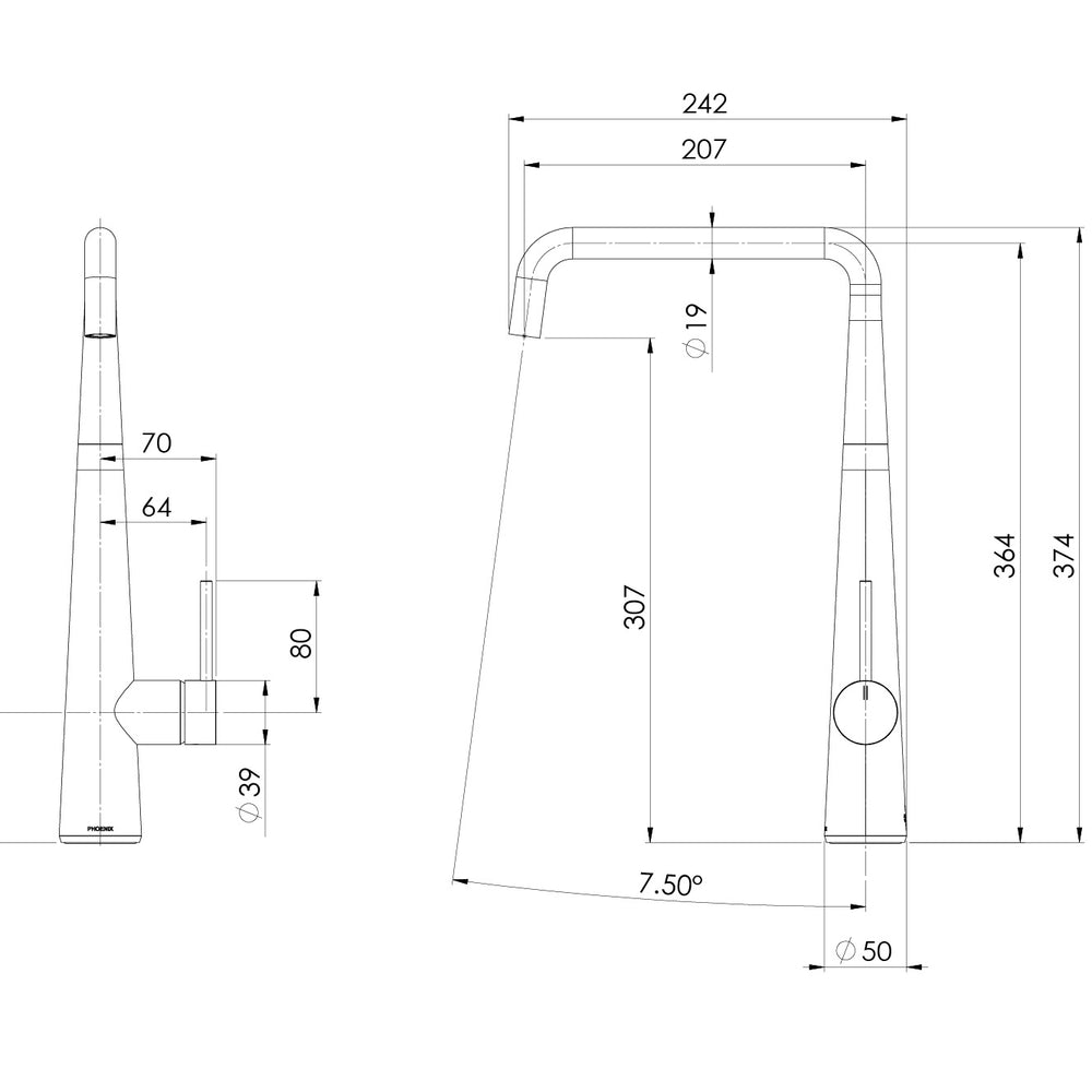 PHOENIX ERLEN SINK MIXER SQUARELINE 374MM MATTE BLACK