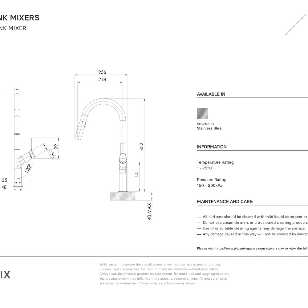 PHOENIX LINQ LEAD FREE PULL OUT SINK MIXER 452MM STAINLESS STEEL