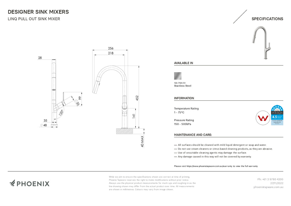 PHOENIX LINQ PULL OUT SINK MIXER 452MM STAINLESS STEEL