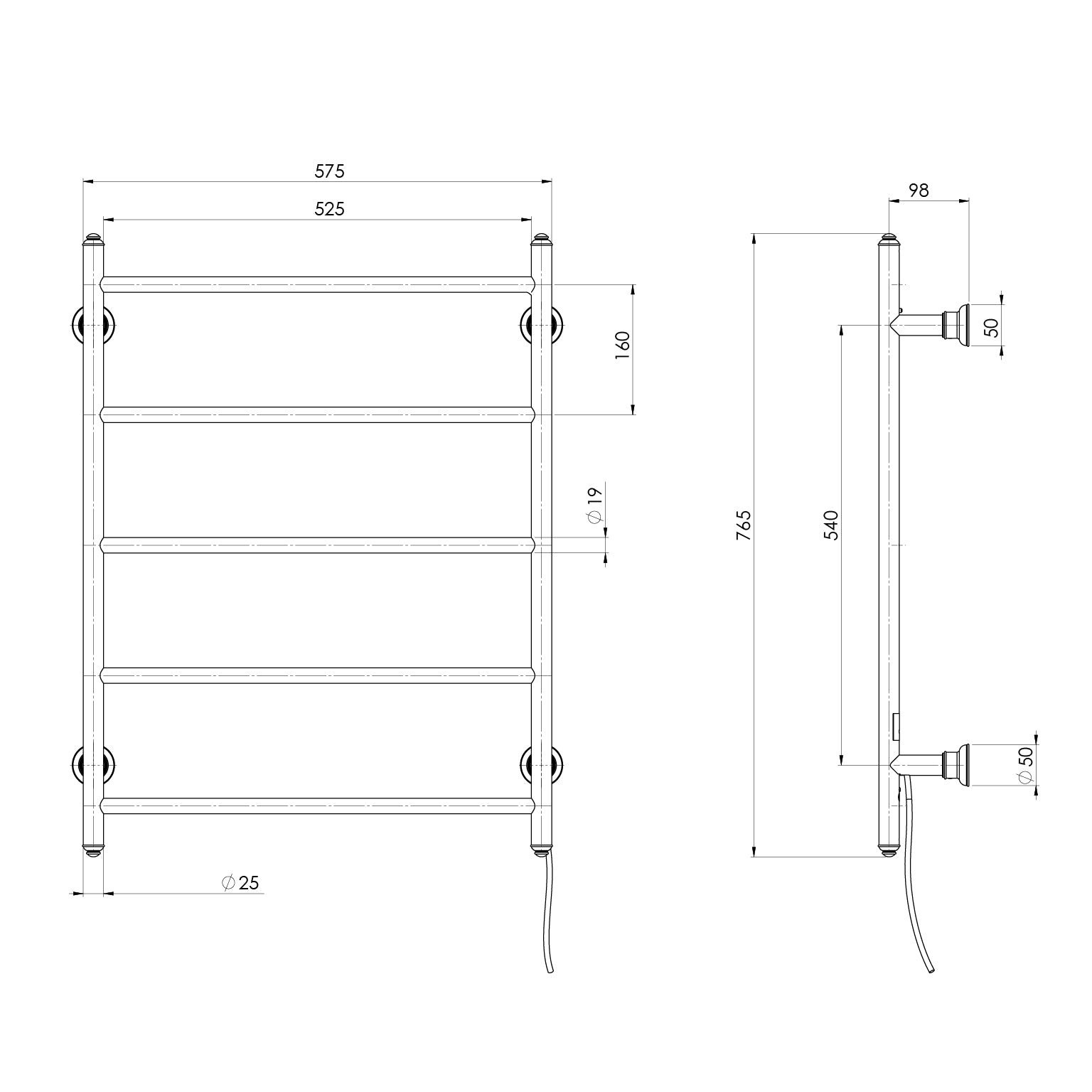 PHOENIX CROMFORD 5-BARS ROUND HEATED TOWEL LADDER BRUSHED GOLD 550MM