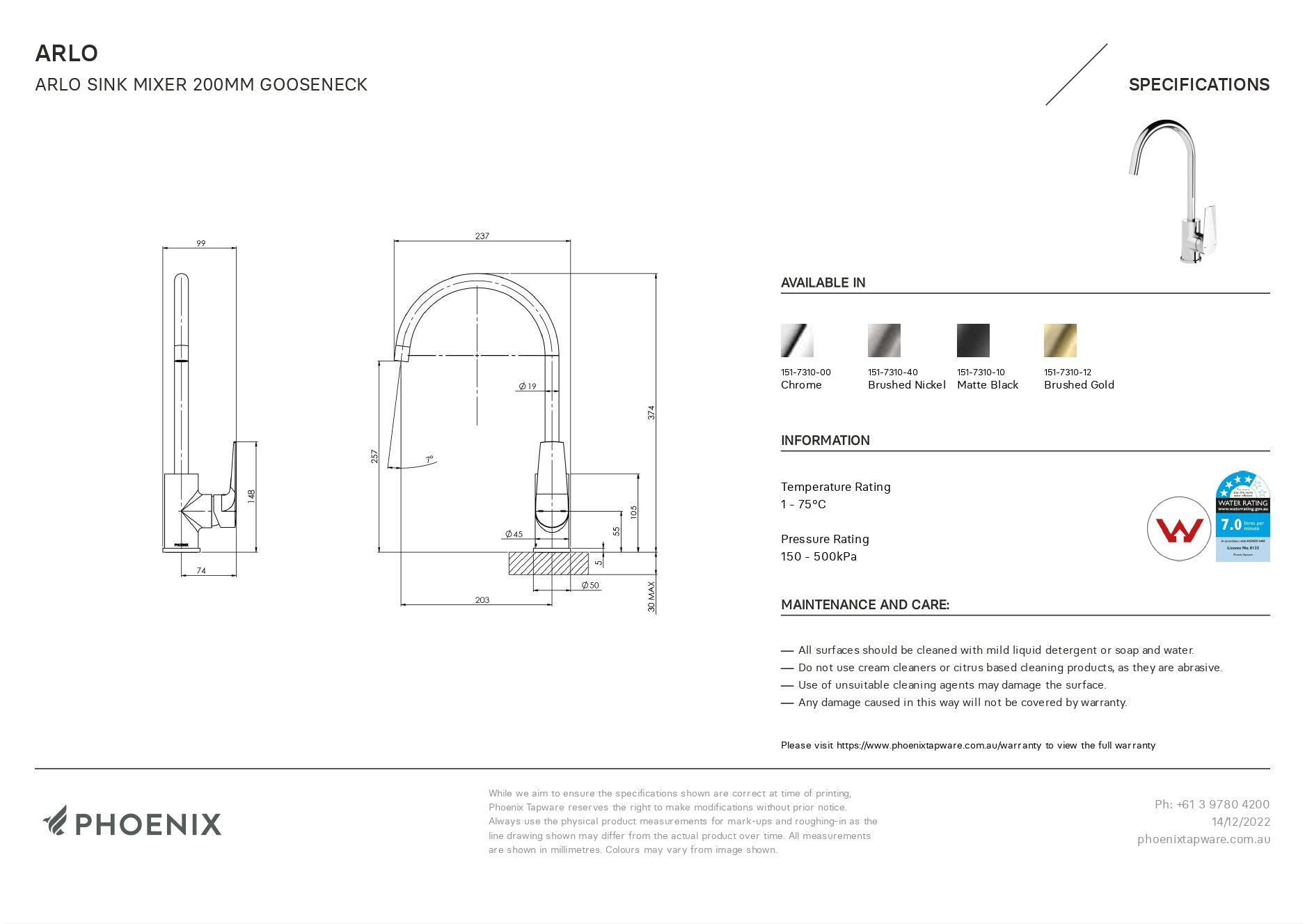 PHOENIX ARLO GOOSENECK LEAD FREE SINK MIXER 200MM CHROME
