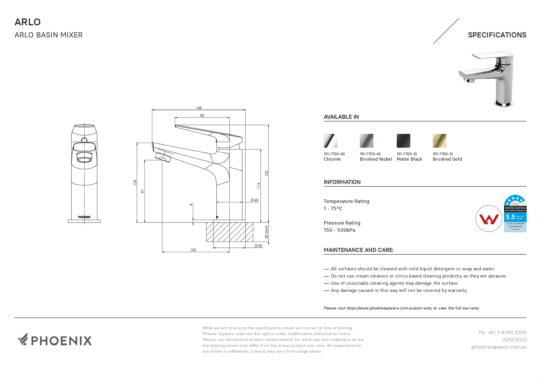PHOENIX ARLO LEAD FREE BASIN MIXER 152MM MATTE BLACK