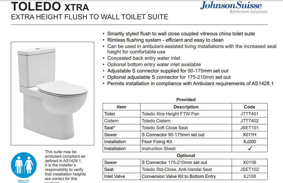 JOHNSON SUISSE TOLEDO XTRA AMBULANT RIMLESS TOILET SUITE GLOSS WHITE