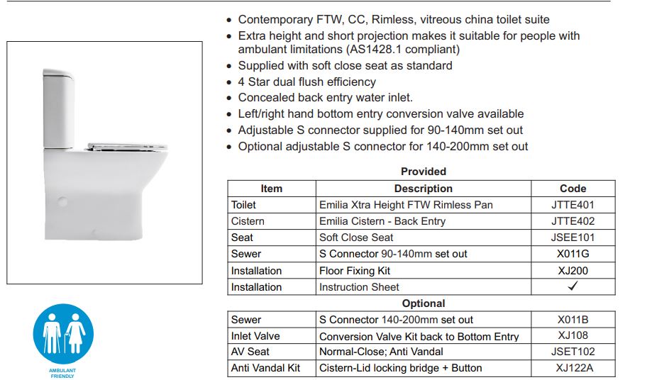 JOHNSON SUISSE EMILIA XTRA AMBULANT RIMLESS TOILET SUITE GLOSS WHITE