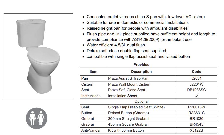 JOHNSON SUISSE PLAZA DELUXE VC AMBULANT TOILET SUITE GLOSS WHITE