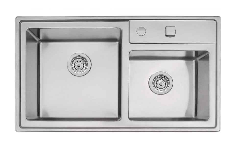 LINSOL QUADRUM 34L AND 19L BRUSHED STAINLESS STEEL KITCHEN SINK 860MM