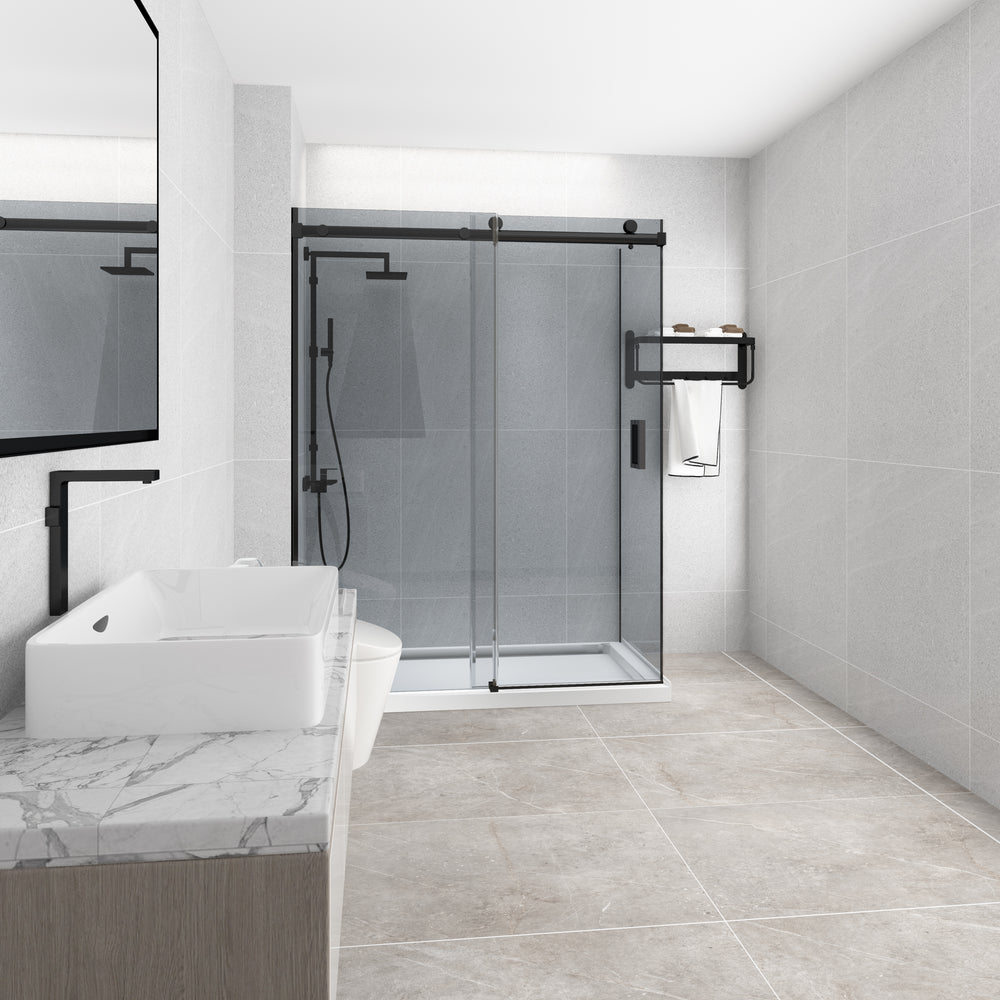 COVEY WALL TO WALL FRAMELESS SINGLE SLIDING DOOR GREY GLASS SHOWER SCREEN GUN METAL
