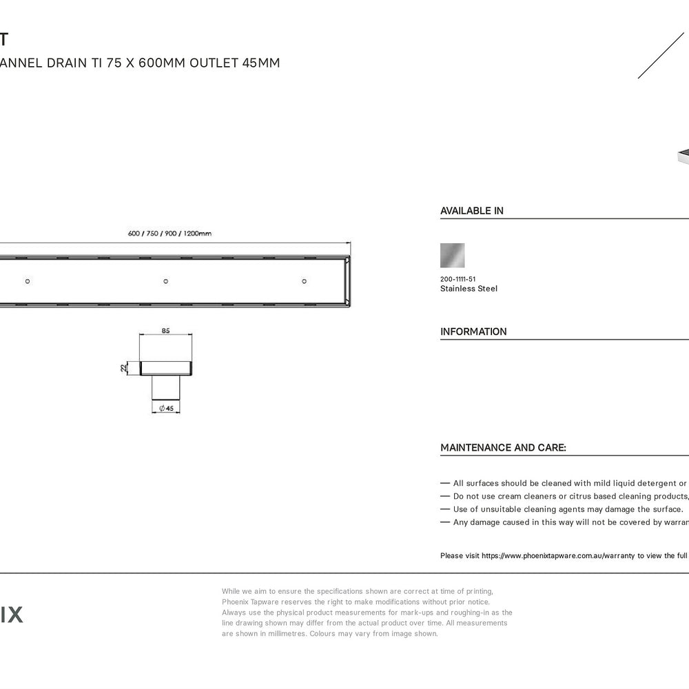 PHOENIX FLAT STAINLESS STEEL 45MM CHANNEL DRAIN TI 75 OUTLET 600MM, 750MM, 900MM AND 1200MM