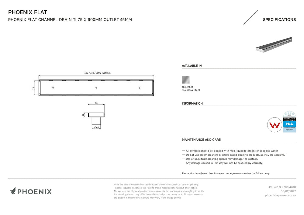 PHOENIX FLAT STAINLESS STEEL 45MM CHANNEL DRAIN TI 75 OUTLET 600MM, 750MM, 900MM AND 1200MM