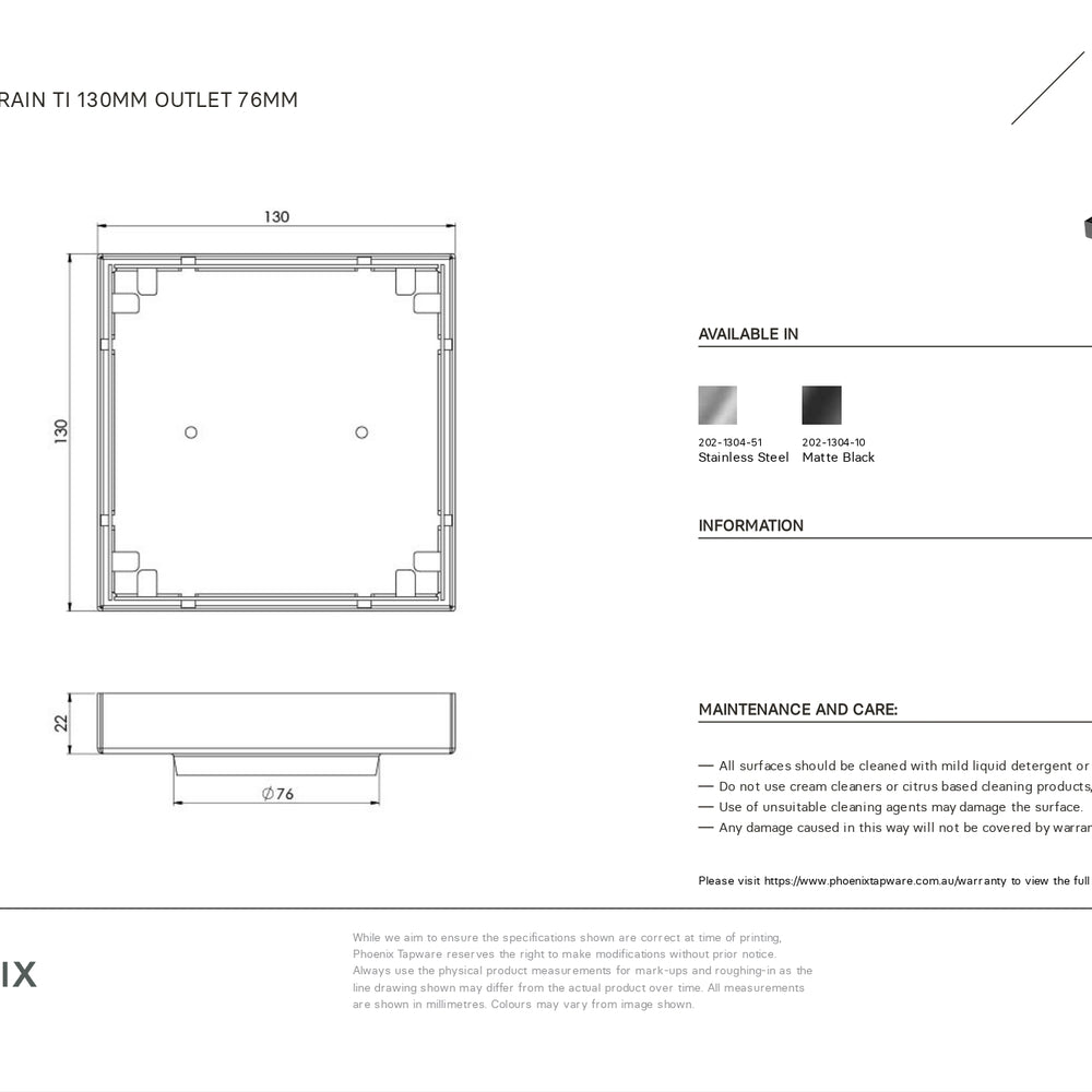 PHOENIX POINT DRAIN TI 130MM OUTLET 76MM