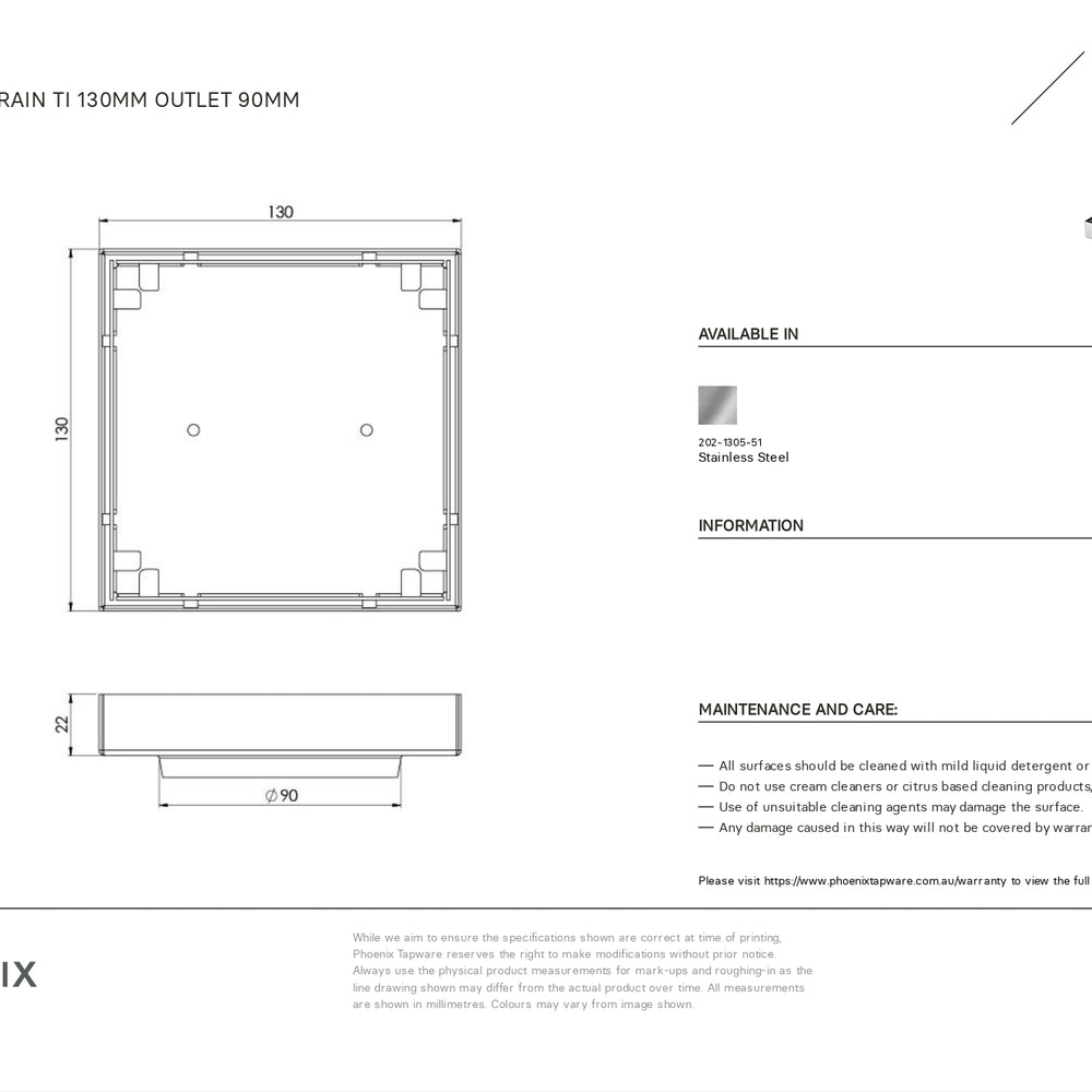 PHOENIX POINT DRAIN TI 130MM OUTLET STAINLESS STEEL 90MM