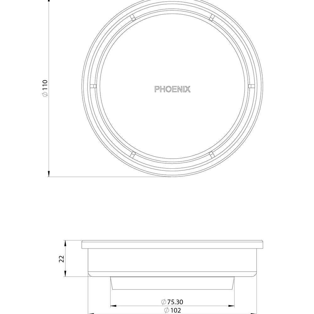 PHOENIX POINT DRAIN ROUND 76MM OUTLET STAINLESS STEEL AND BLACK 100MM