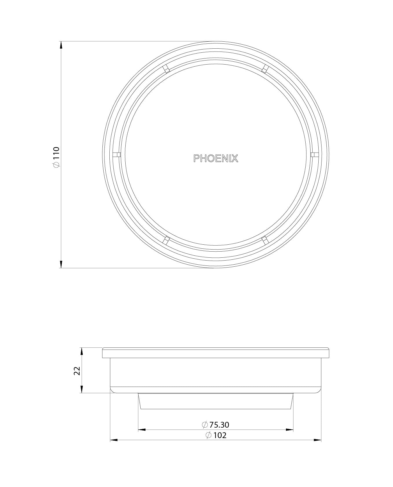 PHOENIX POINT DRAIN ROUND 76MM OUTLET STAINLESS STEEL AND BLACK 100MM