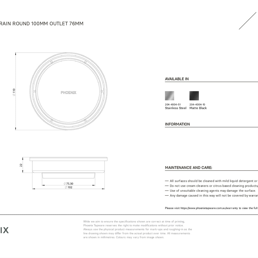PHOENIX POINT DRAIN ROUND 76MM OUTLET STAINLESS STEEL AND BLACK 100MM