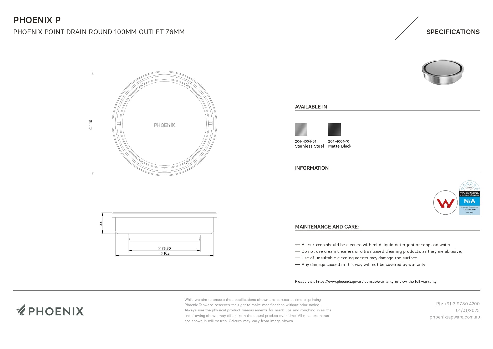 PHOENIX POINT DRAIN ROUND 76MM OUTLET STAINLESS STEEL AND BLACK 100MM