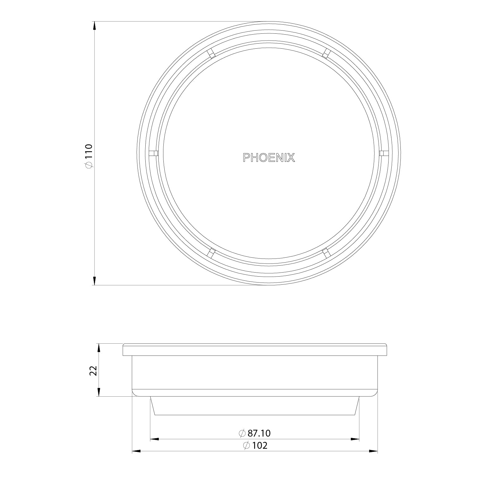 PHOENIX POINT DRAIN ROUND 90MM OUTLET MATTE BLACK 100MM