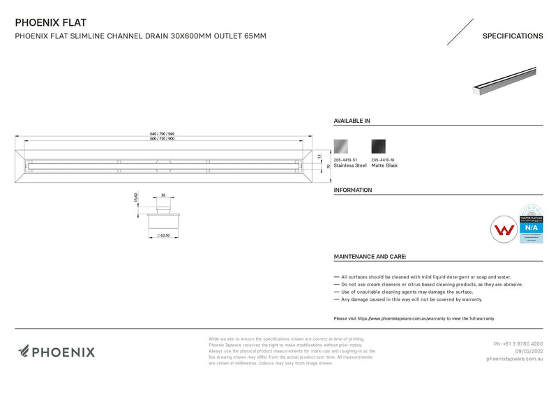 PHOENIX FLAT SLIMLINE 65MM CHANNEL DRAIN 30MM OUTLET MATTE BLACK 600MM, 750MM AND 900MM