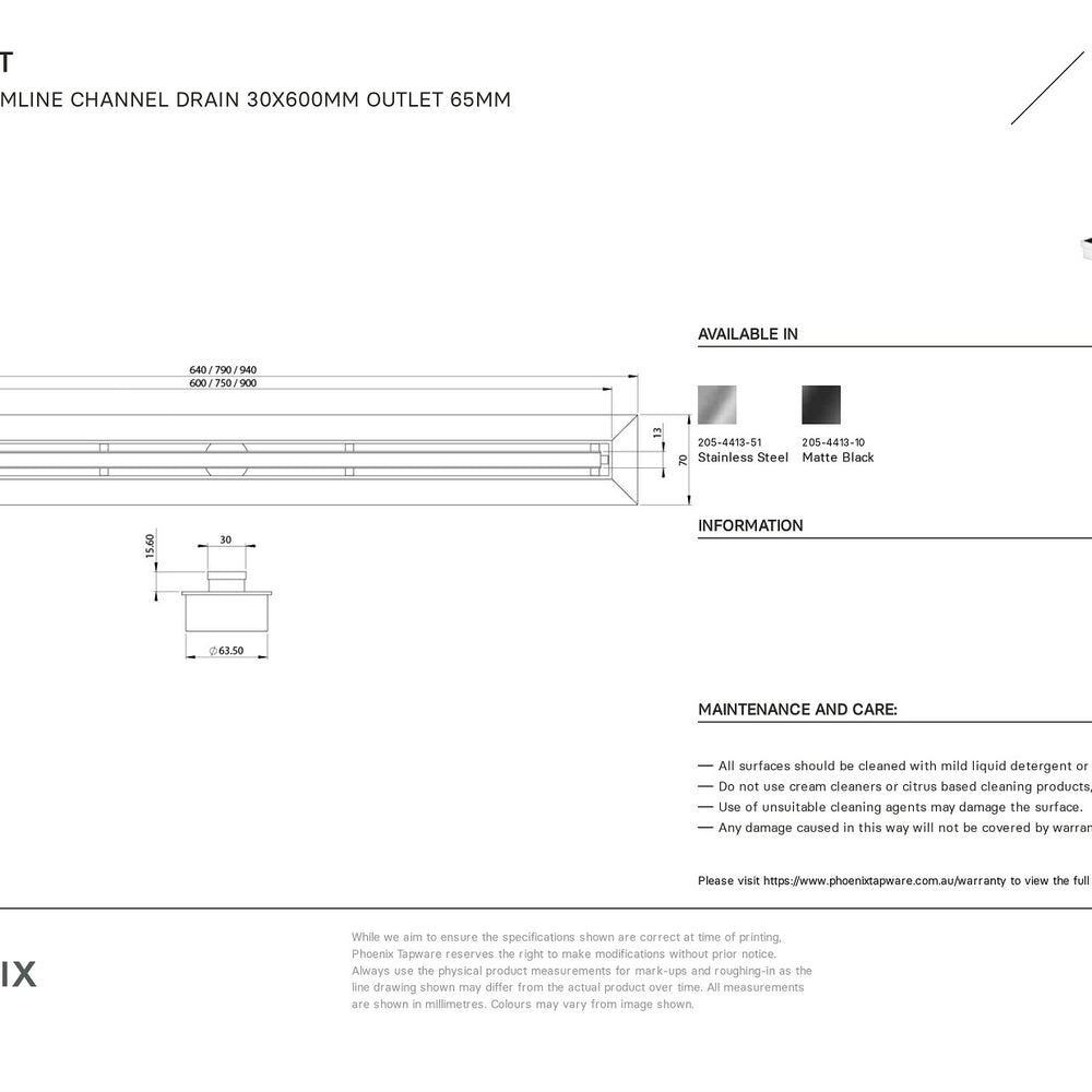 PHOENIX FLAT SLIMLINE 65MM CHANNEL DRAIN 30MM OUTLET STAINLESS STEEL 600MM, 750MM AND 900MM