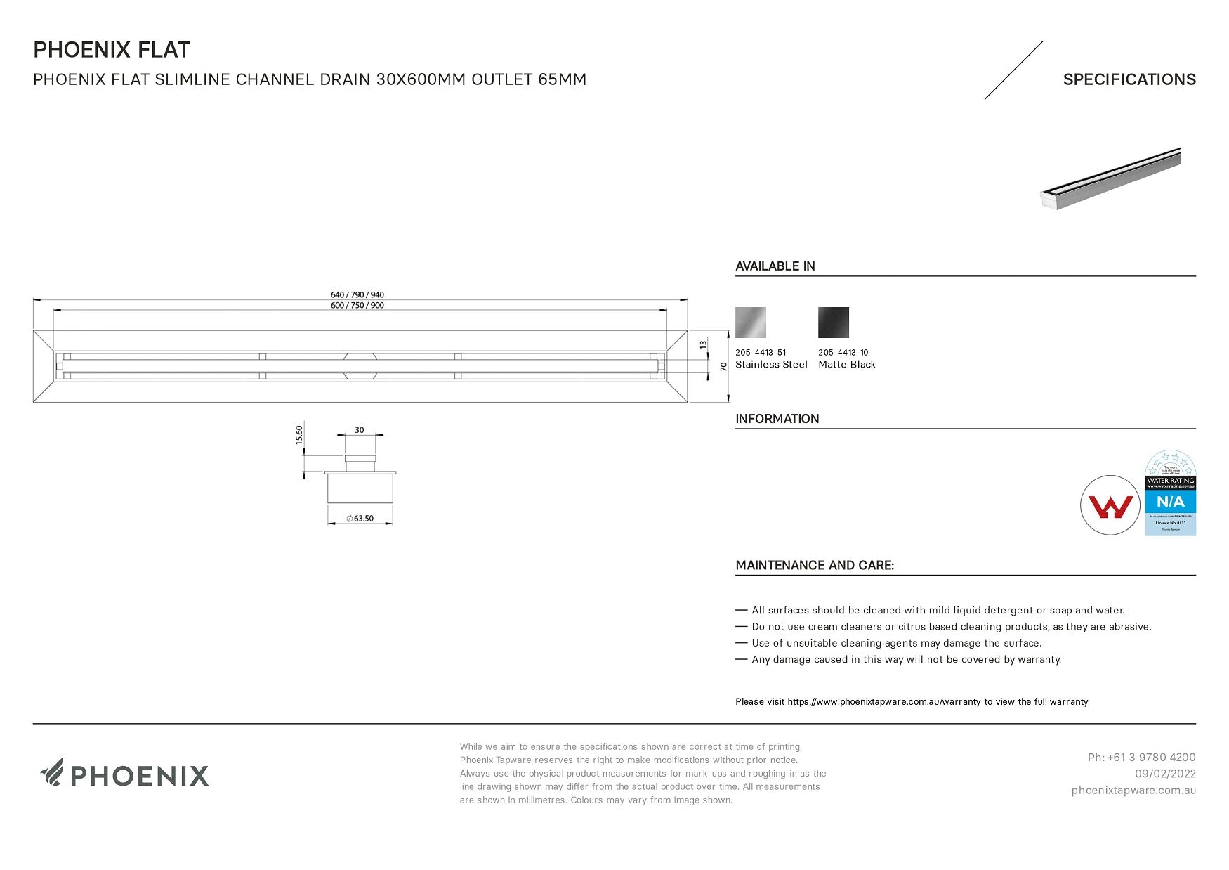 PHOENIX FLAT SLIMLINE 65MM CHANNEL DRAIN 30MM OUTLET STAINLESS STEEL 600MM, 750MM AND 900MM