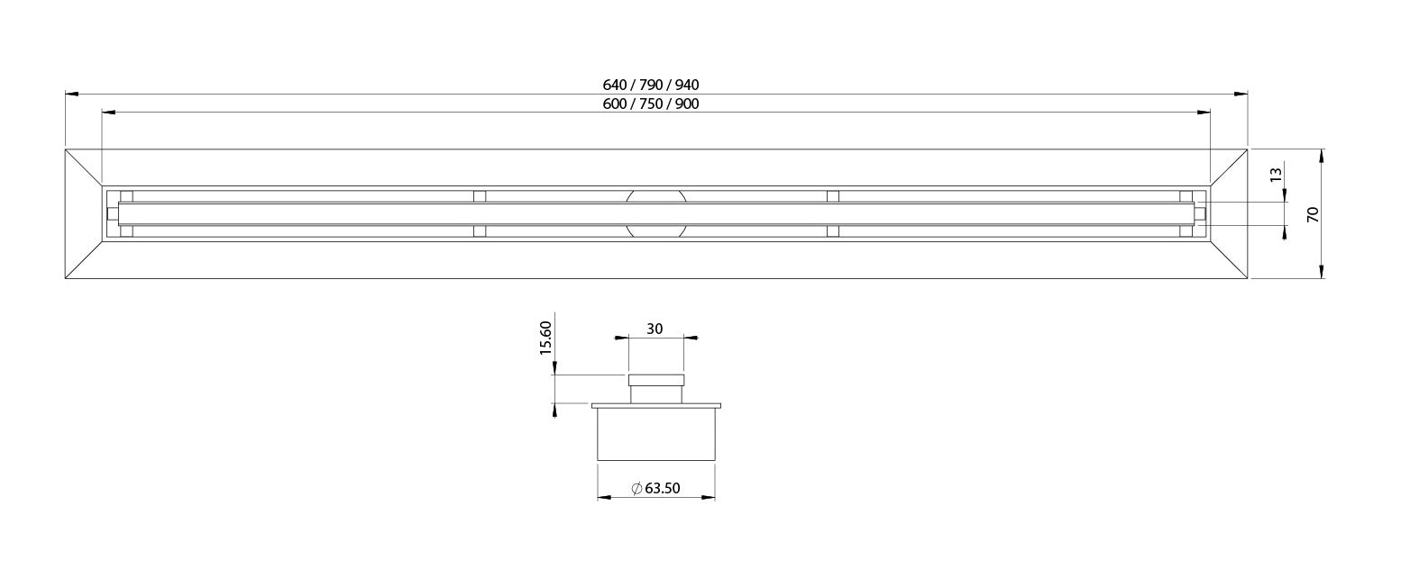 PHOENIX FLAT SLIMLINE 65MM CHANNEL DRAIN 30MM OUTLET MATTE BLACK 600MM, 750MM AND 900MM