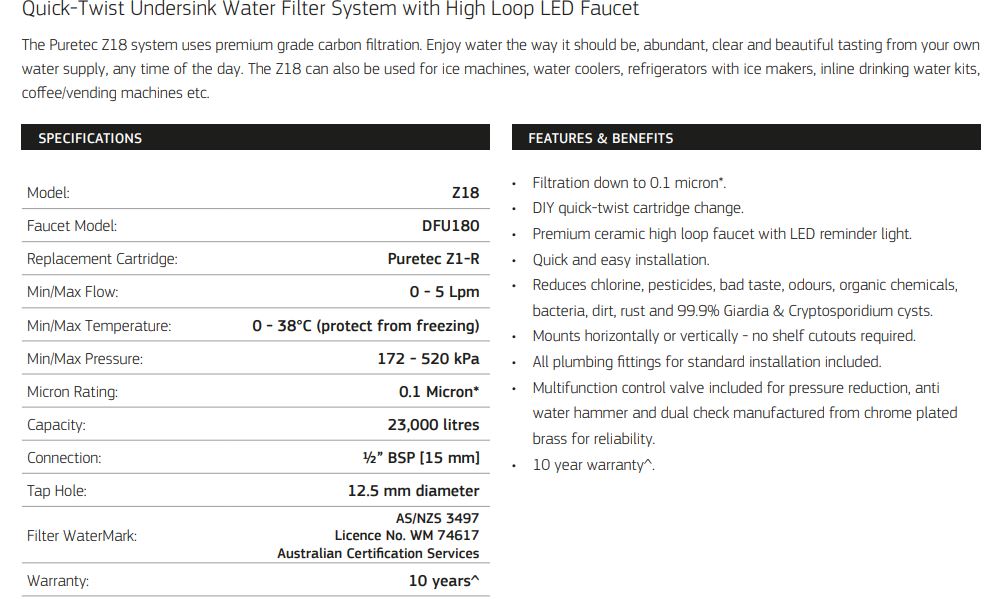 PURETEC LEAD FREE HIGH LOOP DESIGNER FAUCET WITH QUICK TWIST FILTER 0.1 MICRON