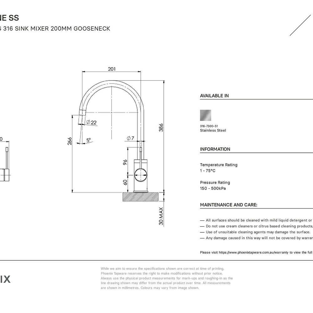 PHOENIX VIVID SLIMLINE GOOSENECK LEAD FREE SINK MIXER 200MM STAINLESS STEEL