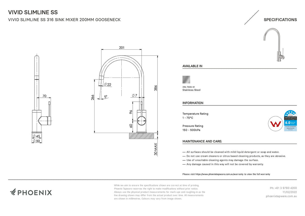PHOENIX VIVID SLIMLINE GOOSENECK SINK MIXER 200MM STAINLESS STEEL
