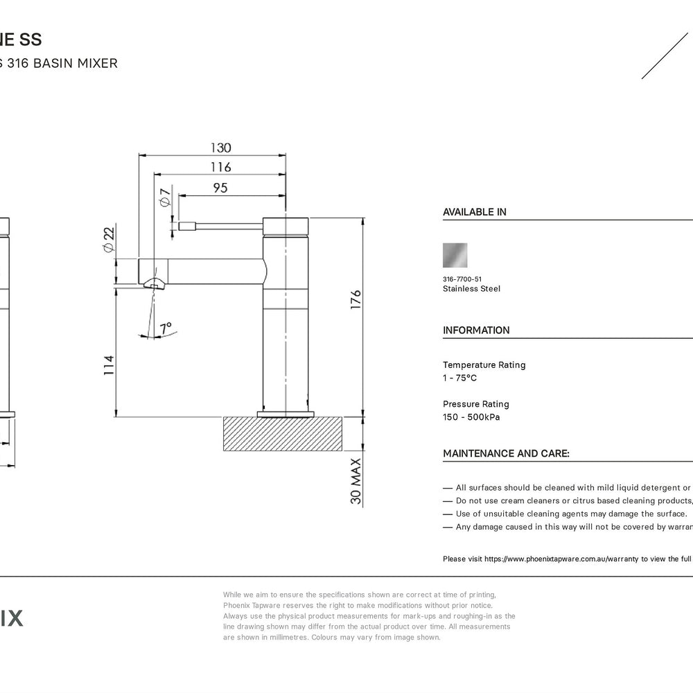 PHOENIX VIVID SLIMLINE LEAD FREE SS 316 BASIN MIXER STAINLESS STEEL