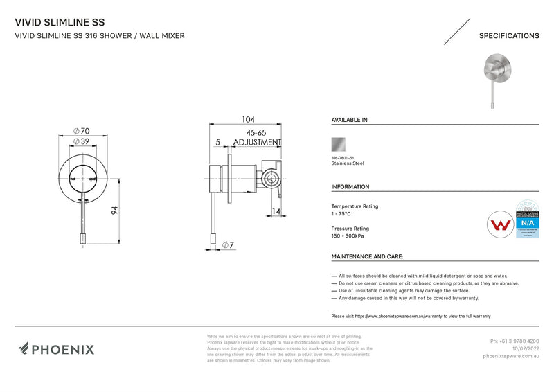 PHOENIX VIVID SLIMLINE SS 316 SHOWER / WALL MIXER STAINLESS STEEL