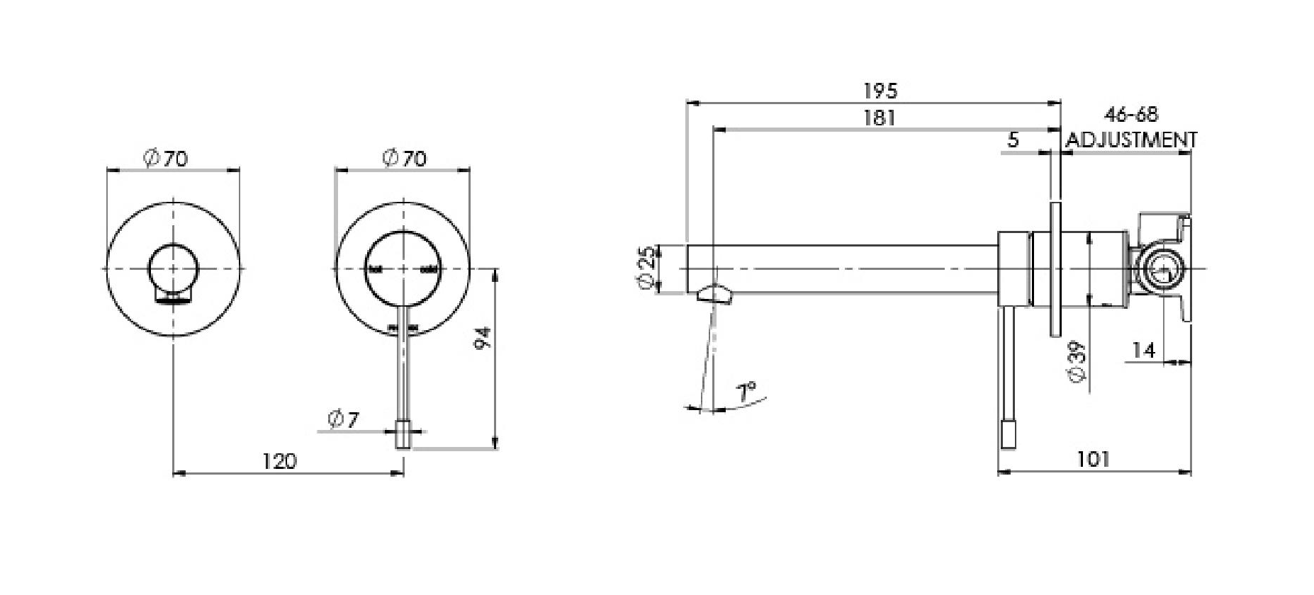 PHOENIX VIVID SLIMLINE SS 316 WALL BASIN / BATH MIXER SET 180MM STAINLESS STEEL