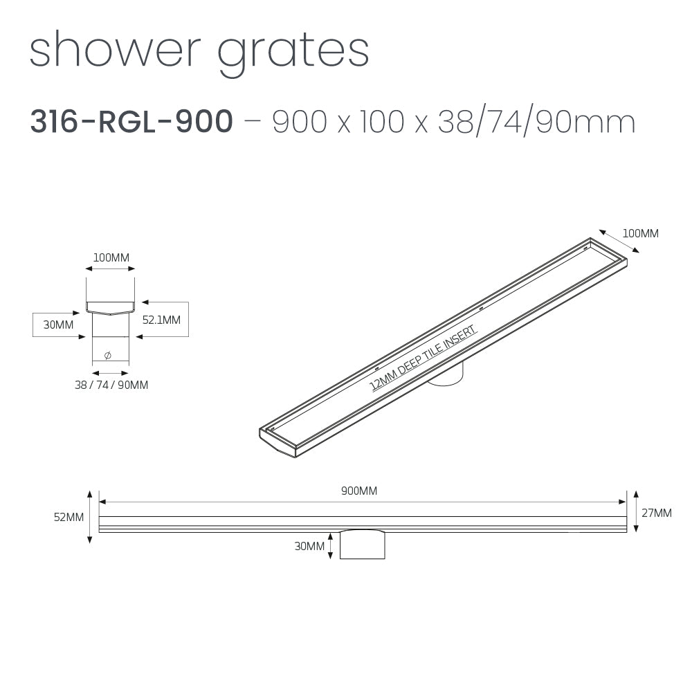 RADIANT HEATING 900MM TILE INSERT OUTLETS BLACK 38MM AND 74MM