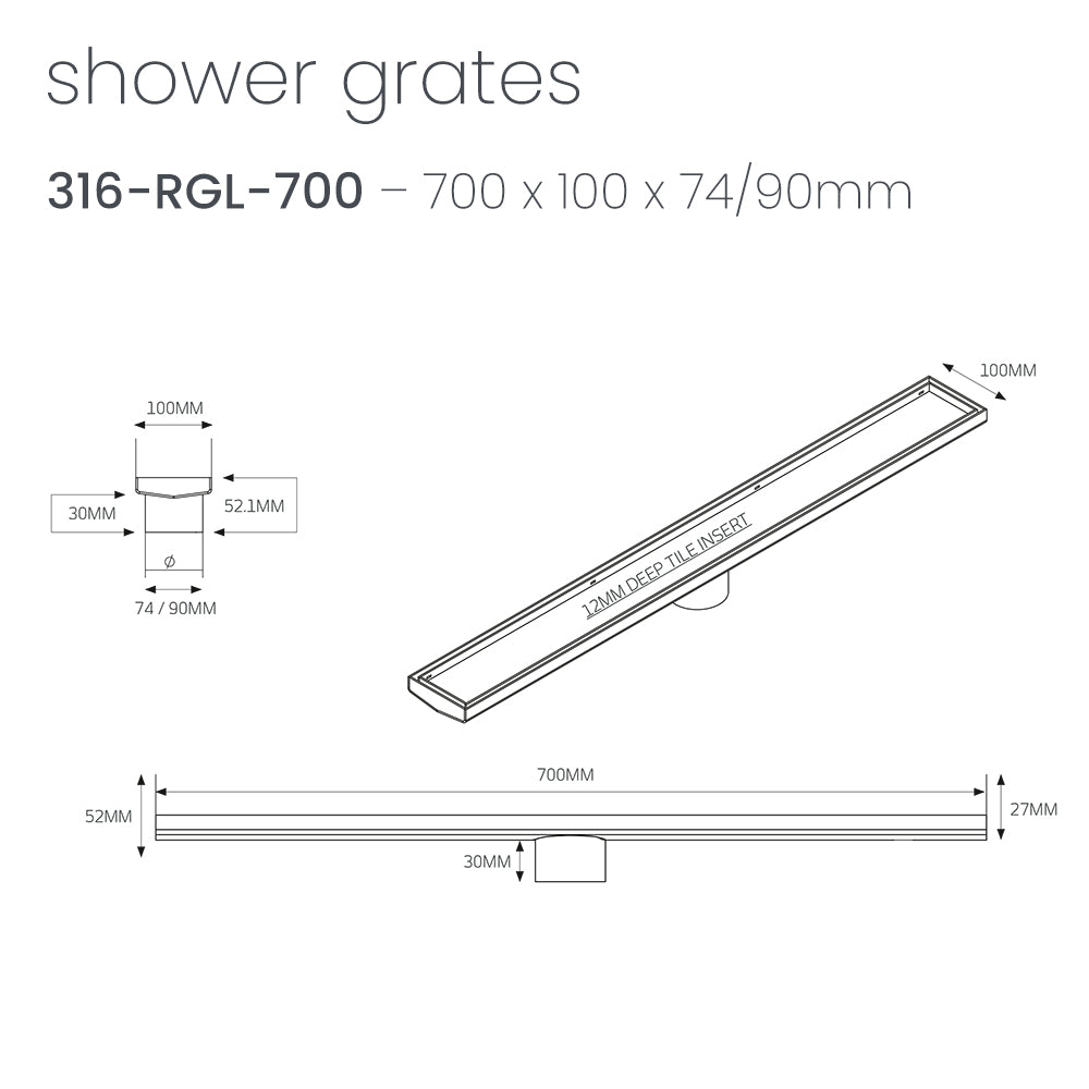 RADIANT HEATING TILE INSERT OUTLETS 700MM STAINLESS STEEL 74MM AND 90MM