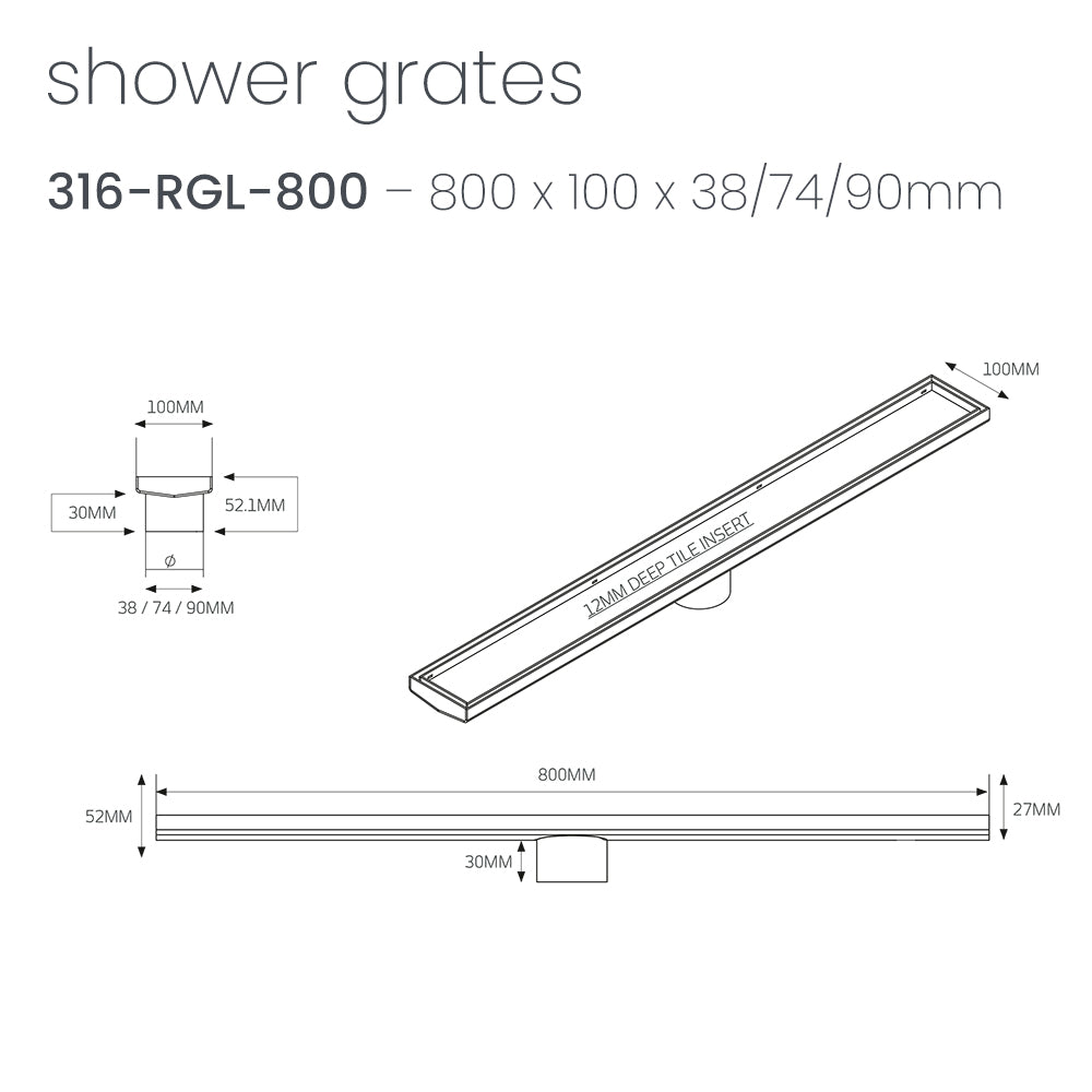 RADIANT HEATING TILE INSERT OUTLETS 800MM STAINLESS STEEL 38MM, 74MM AND 90MM