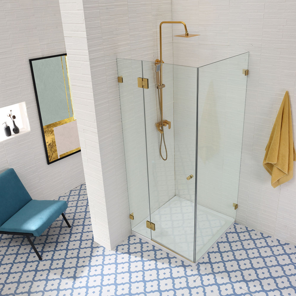 COVEY WALL TO WALL FRAMELESS PIVOTAL HINGE DOOR SHOWER SCREEN BRUSHED GOLD