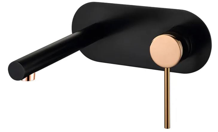 INSPIRE ROUL WALL BASIN MIXER 180MM MATTE BLACK AND ROSE GOLD